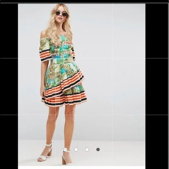ASOS Off Shoulder Dress In Postcard And Stripe Print - Picture 11 of 16
